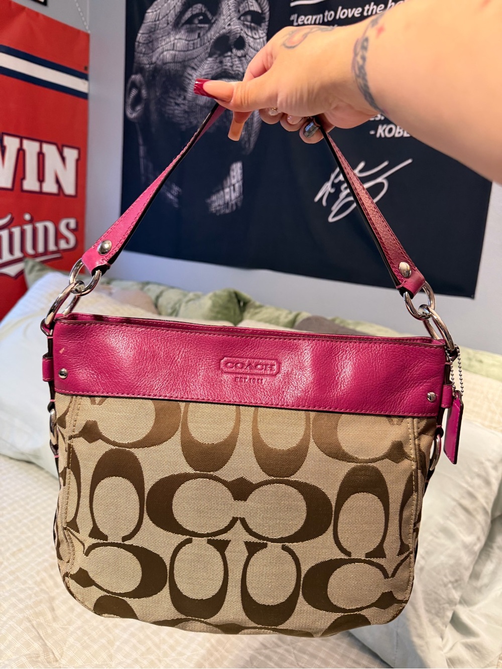Coach Brown Signature Canvas Shoulder Bag with Pink Trim